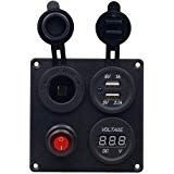 TurnRaise Chargeur Allume Cigare, Chargeur USB Double Aluminium Panneau de Commutateur Voltmètre LED + Prise de Courant 12V + Bouton ON-OFF Switch Quatre Trous Panneau pour Voiture Bateau Marine Camio
