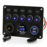 Rupse 5 Gang ON-OFF Panneau de Interrupteur à Bascule LED Bleu Chargeur Double USB Voltmètre Numérique 12V Allume-cigare avec Protection de Surcharge pour Voiture Bateau Camion RV Camping-Car