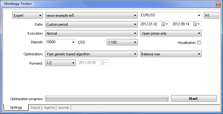 Fig. 7. Strategy tester with the required parameters set Fig. 7. Strategy tester with the required parameters set