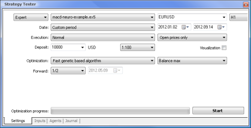 Strategy Tester with the set parameters for macd-neuro-example Strategy Tester with the set parameters for macd-neuro-example